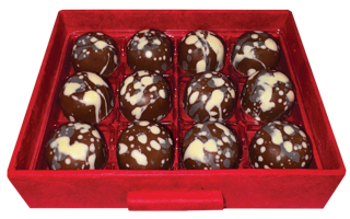 Decorated bonbons in a red box