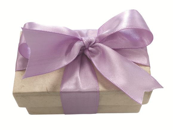 Natural color two piece favor box with purple ribbon